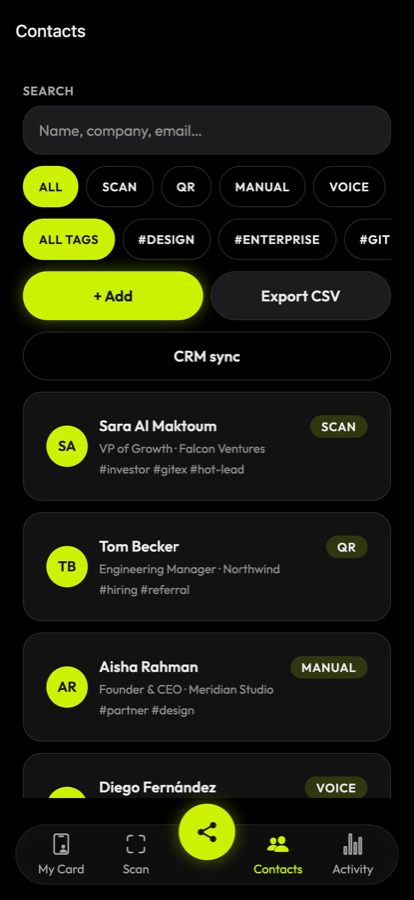 Contacts screen