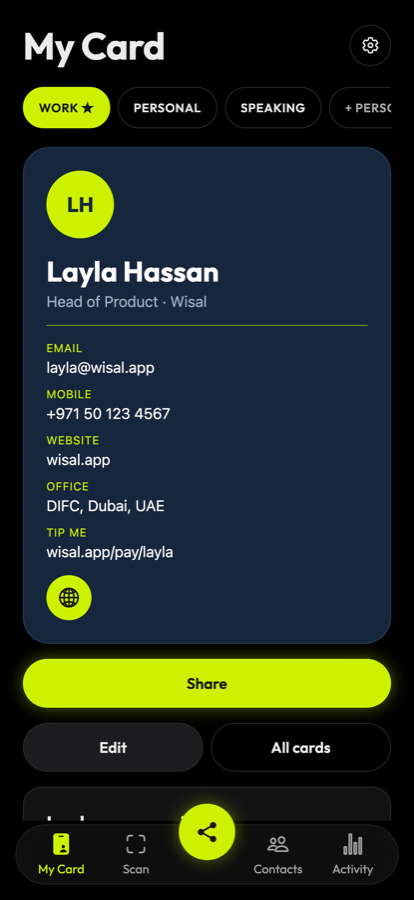 Wisal — My Card screen